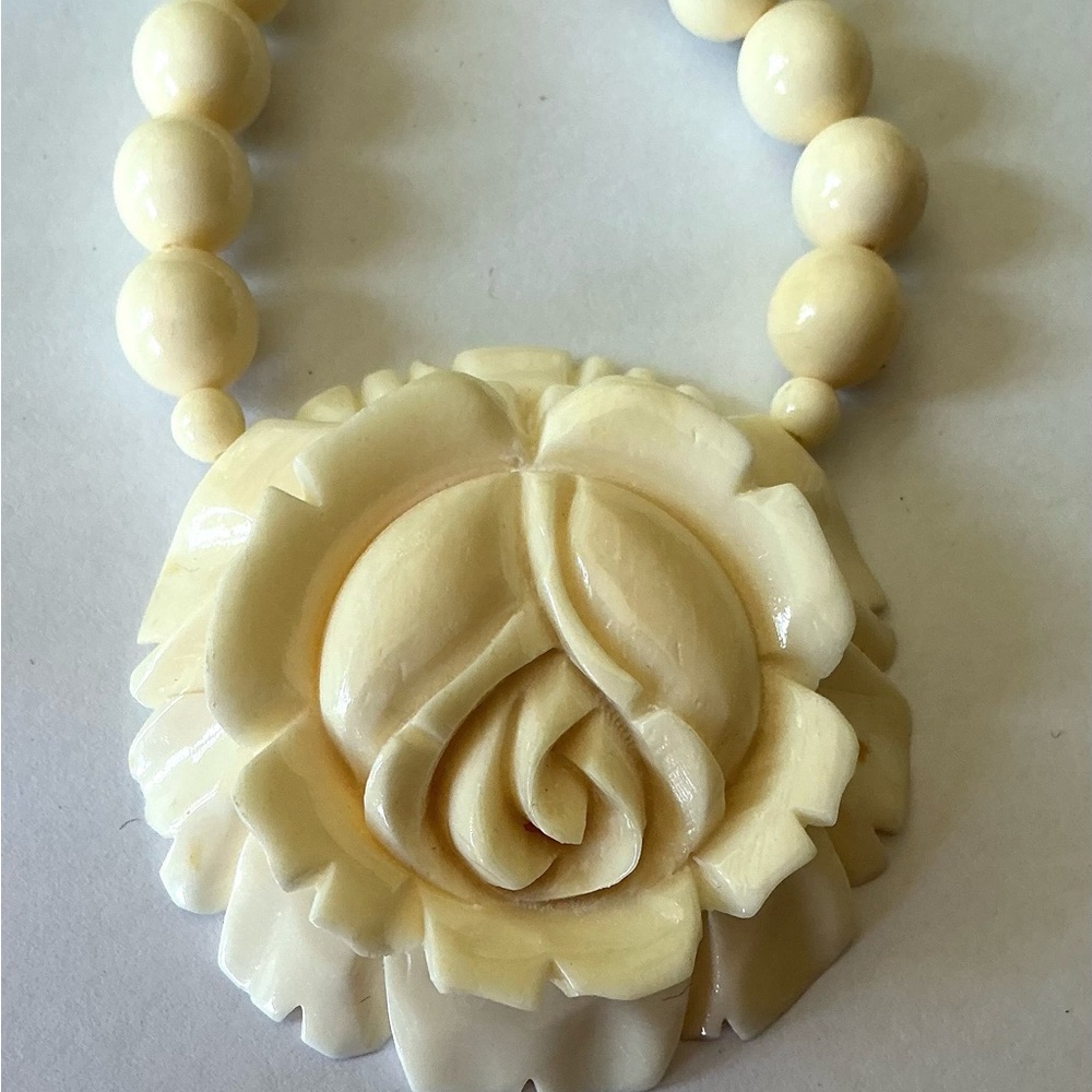 Vintage Cattle Bone Carved Rose Necklace and earrings